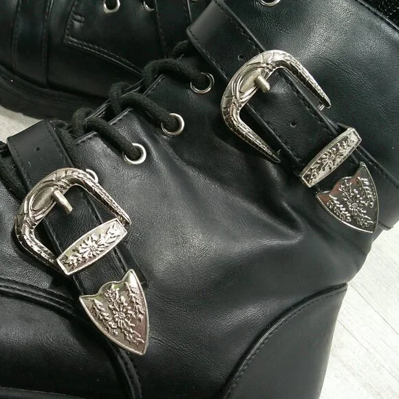 Dolls Kill Combat Moto Lace up Black Boots with Silver Buckle Strap Size 6 - Picture 7 of 13
